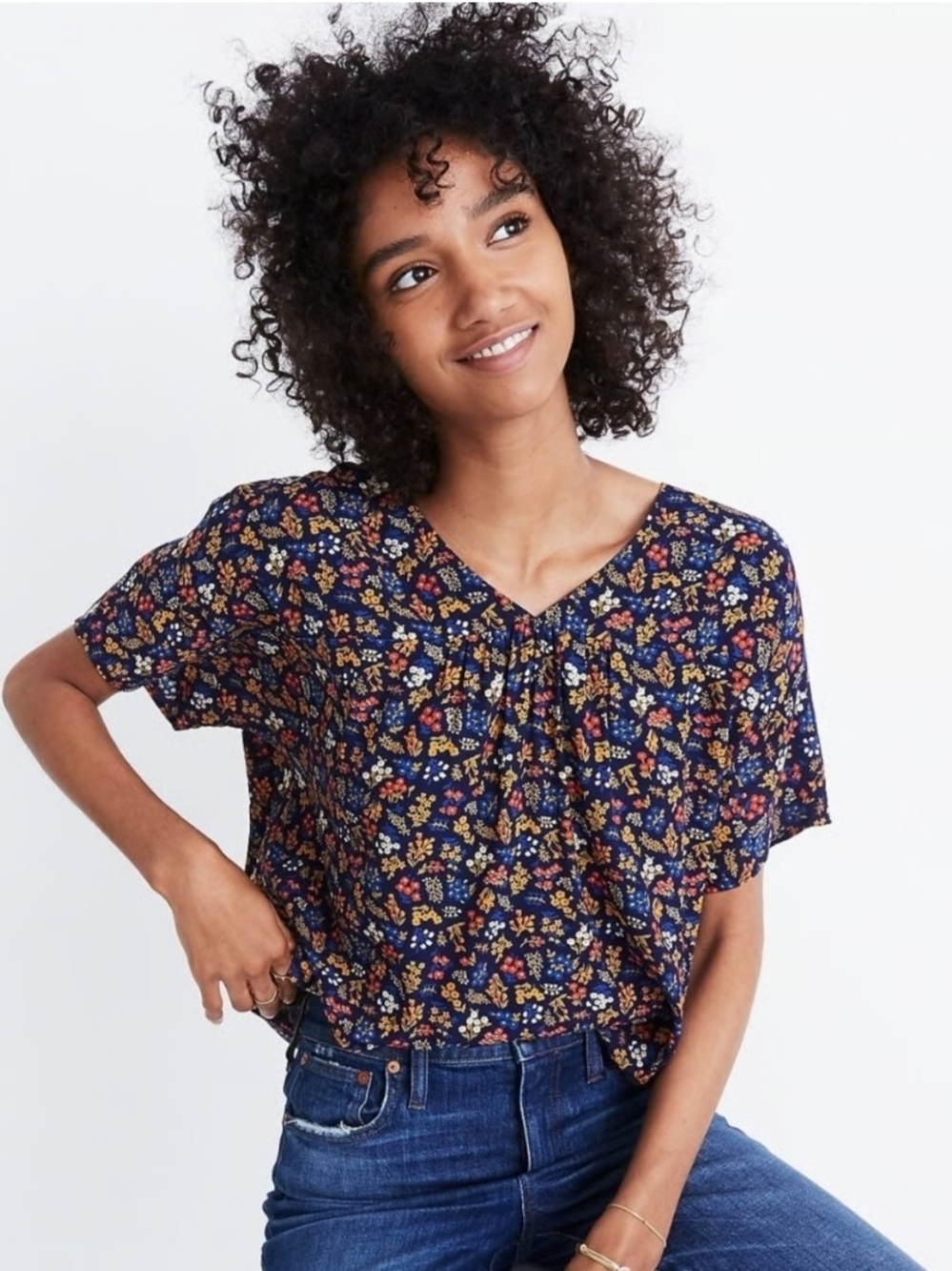Madewell Womens Rhyme Top Garden Party Floral Short Sleeve Blouse Blue Sz S